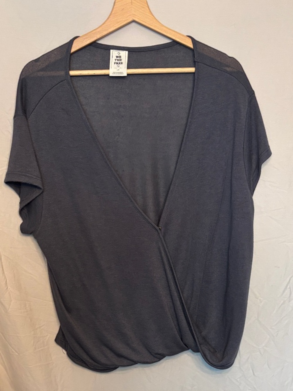 🕊️Free People Charcoal (cool) Wrap-Style V-Neck Top front snap, draped hemline